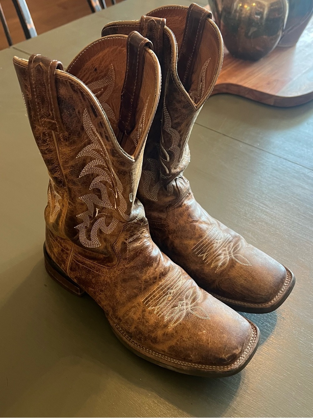 Old West Distressed Brown Leather Cowboy Boots with Embroidered Shaft